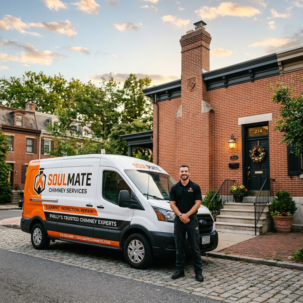 Soulmate Chimney & Fireplace technician standing next to branded van in front of upscale Philadelphia home